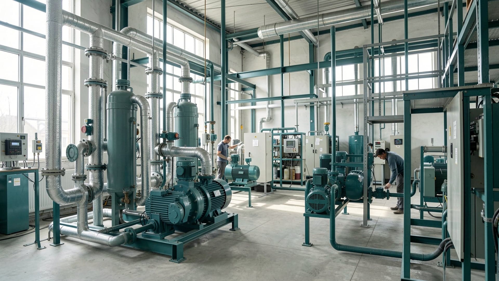 Endüstriyel makine dairesinde saha ekipmanı üzerinde çalışan mühendisler